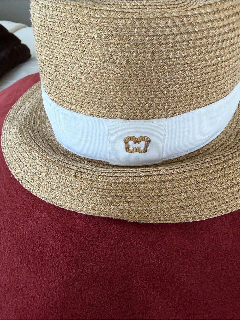 Eric Javits Tan Straw Fedora with White Band - Picture 3 of 9